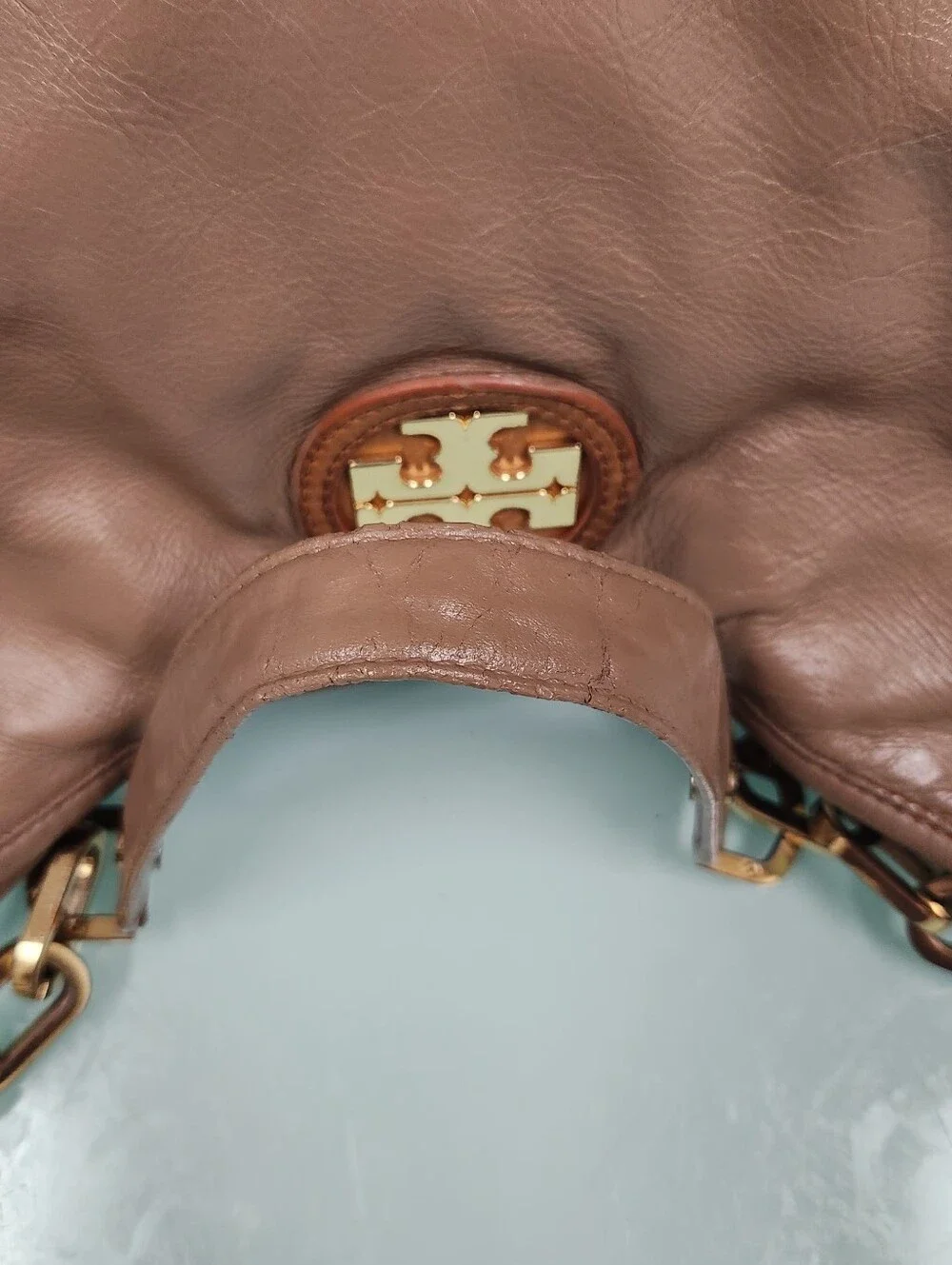 Tory Burch Taupe Brown Leather Shoulder Bag with Gold Logo